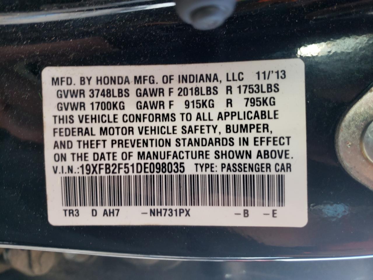 Photo 10 from auction – 2013 HONDA CIVIC LX with VIN 19XFB2F51DE098035