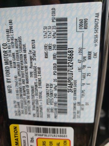 Photo 10 from auction – 2020 FORD FUSION with VIN 3FA6P0LU7LR248681