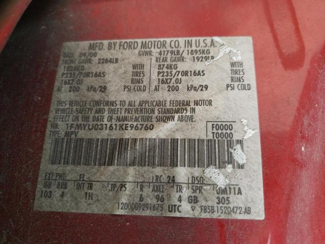 Photo 10 from auction – 2001 FORD ESCAPE XLT with VIN 1FMYU03161KE96760
