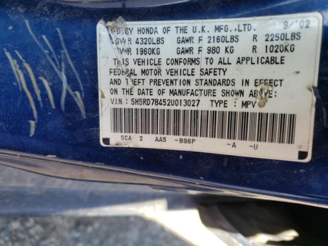 Photo 10 from auction – 2002 HONDA CR-V LX with VIN SHSRD78452U013027