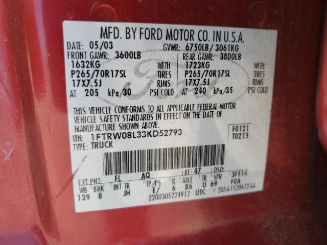 Photo 10 from auction – 2003 FORD F150 SUPER with VIN 1FTRW08L33KD52793