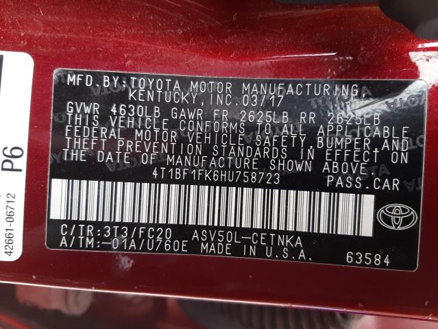 Photo 10 from auction – 2017 TOYOTA CAMRY with VIN 4T1BF1FK6HU758723