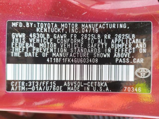 Photo 10 from auction – 2016 TOYOTA CAMRY LE with VIN 4T1BF1FK4GU603408