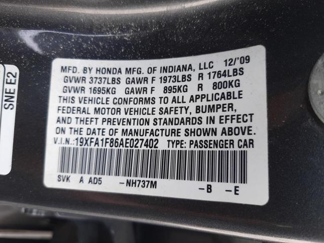 Photo 10 from auction – 2010 HONDA CIVIC EX with VIN 19XFA1F86AE027402