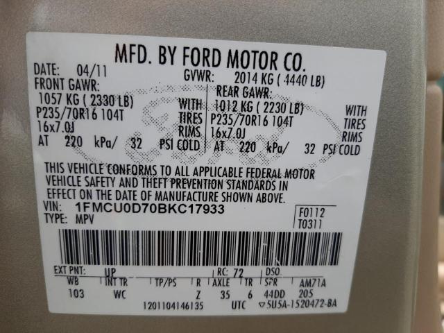 Photo 10 from auction – 2011 FORD ESCAPE XLT with VIN 1FMCU0D70BKC17933