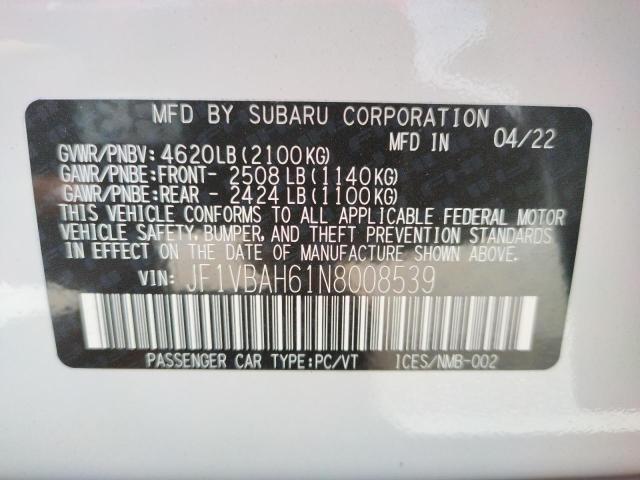 Photo 10 from auction – 2022 SUBARU WRX PREMIU with VIN JF1VBAH61N8008539