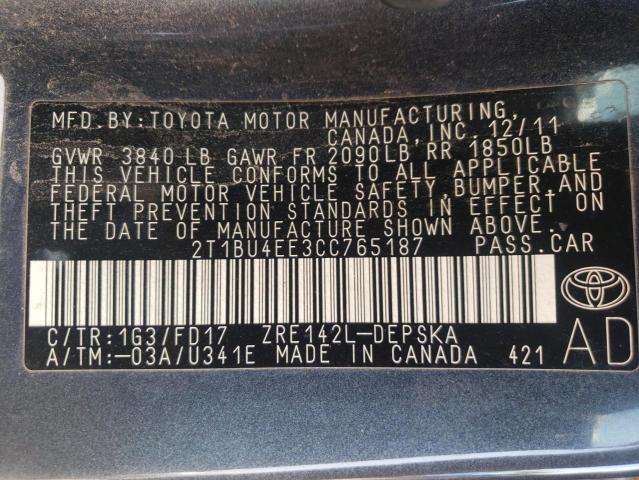 Photo 10 from auction – 2012 TOYOTA COROLLA BA with VIN 2T1BU4EE3CC765187