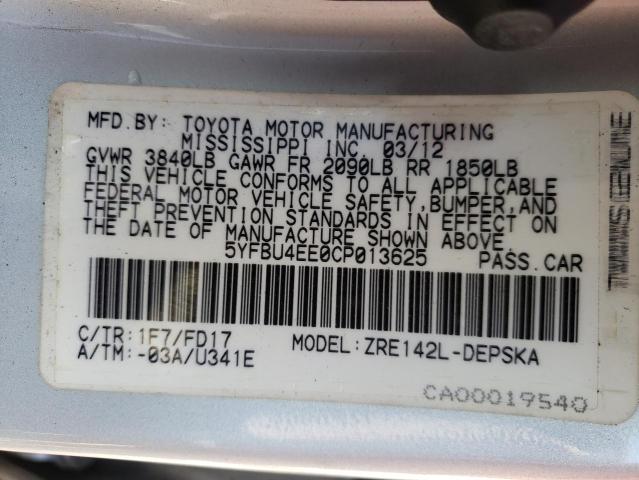 Photo 10 from auction – 2012 TOYOTA COROLLA BA with VIN 5YFBU4EE0CP013625