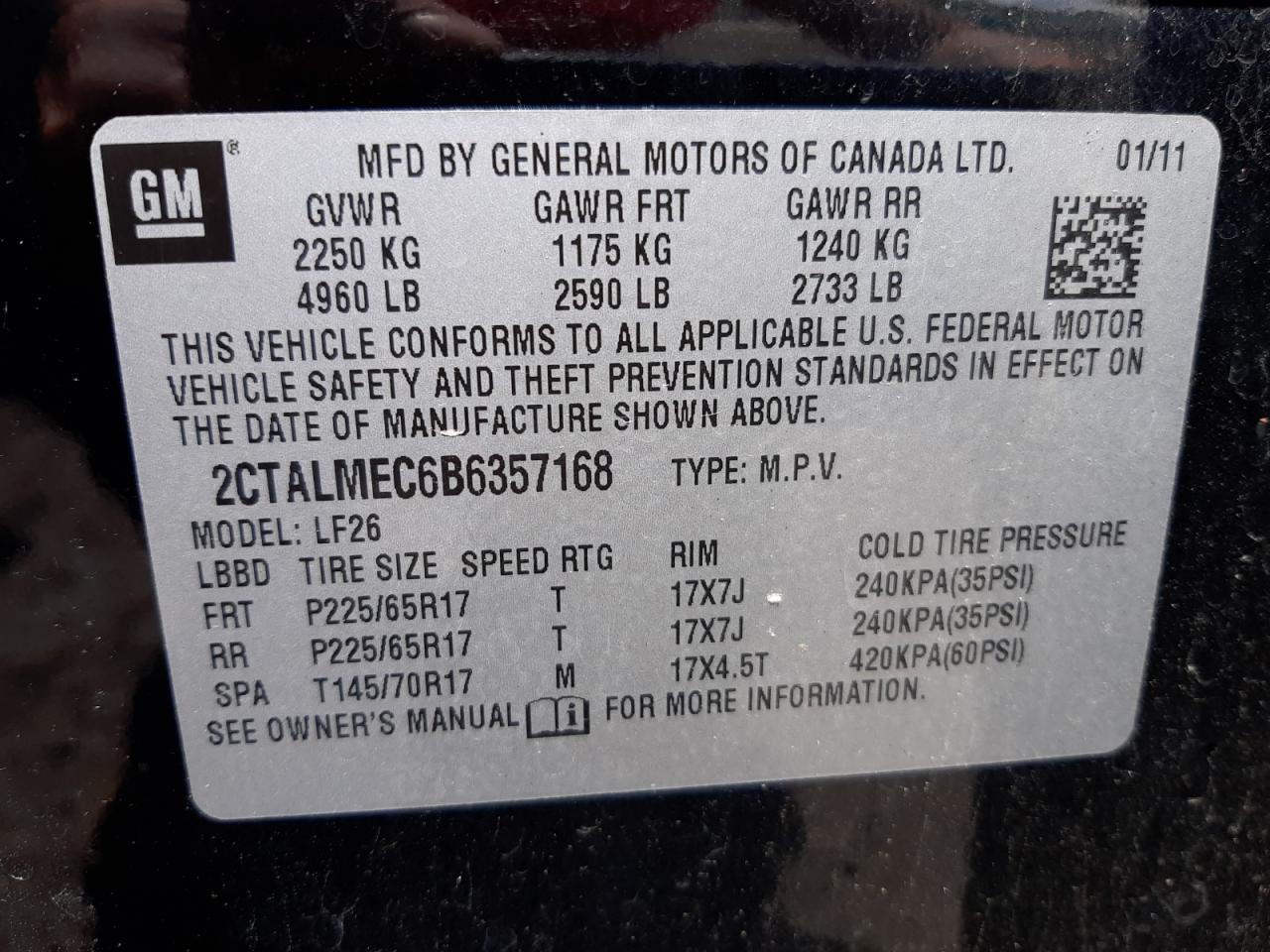 Photo 11 from auction – 2011 GMC TERRAIN SL with VIN 2CTALMEC6B6357168