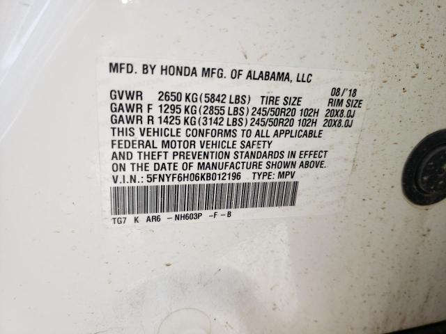 Photo 10 from auction – 2019 HONDA PILOT ELIT with VIN 5FNYF6H06KB012196