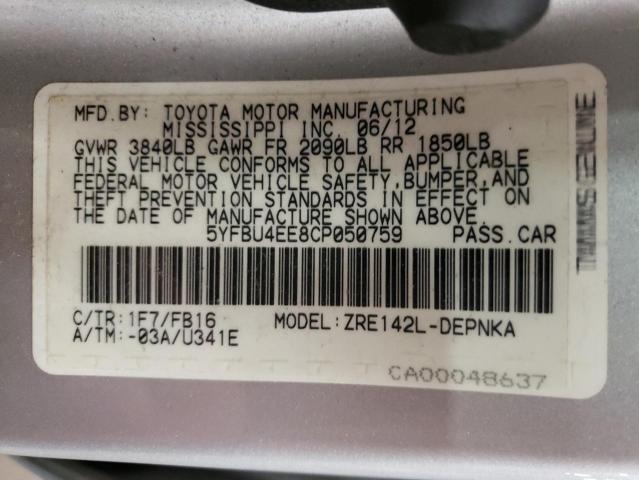 Photo 10 from auction – 2012 TOYOTA COROLLA BA with VIN 5YFBU4EE8CP050759