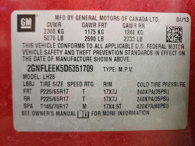 Photo 10 from auction – 2013 CHEVROLET EQUINOX LT with VIN 2GNFLEEK5D6351709