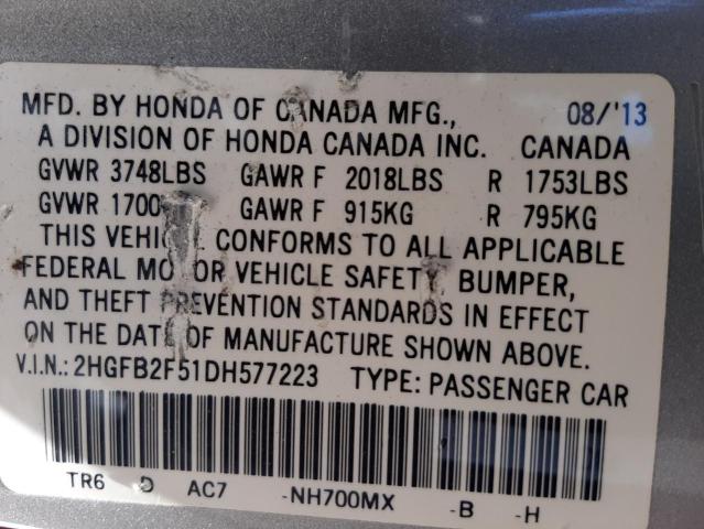 Photo 10 from auction – 2013 HONDA CIVIC LX with VIN 2HGFB2F51DH577223