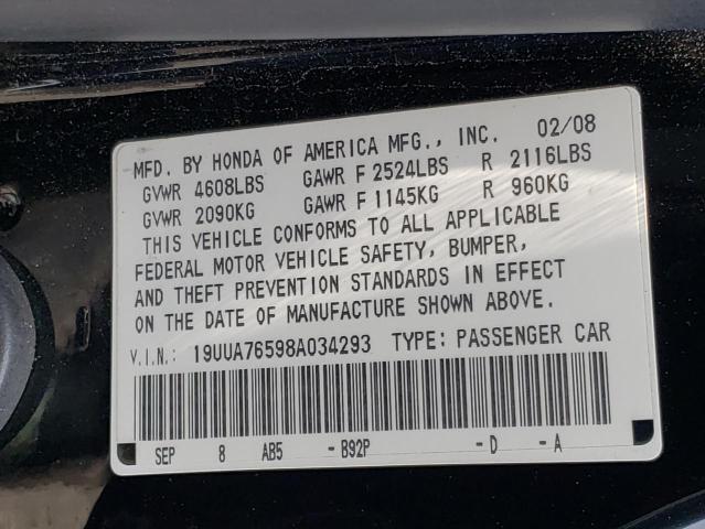 Photo 10 from auction – 2008 ACURA TL TYPE S with VIN 19UUA76598A034293