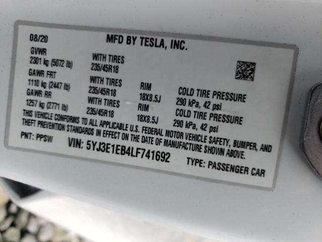 Photo 10 from auction – 2020 TESLA MODEL 3 with VIN 5YJ3E1EB4LF741692