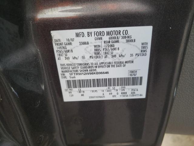 Photo 10 from auction – 2008 FORD F150 SUPER with VIN 1FTRW12W98KB96646