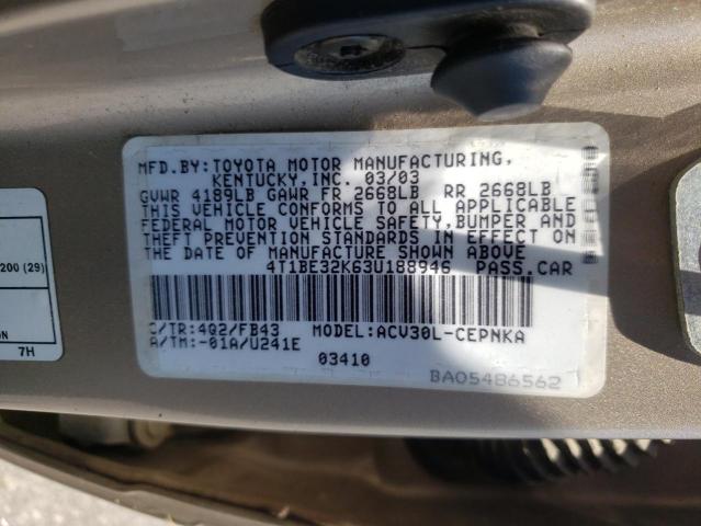 Photo 10 from auction – 2003 TOYOTA CAMRY LE with VIN 4T1BE32K63U188946