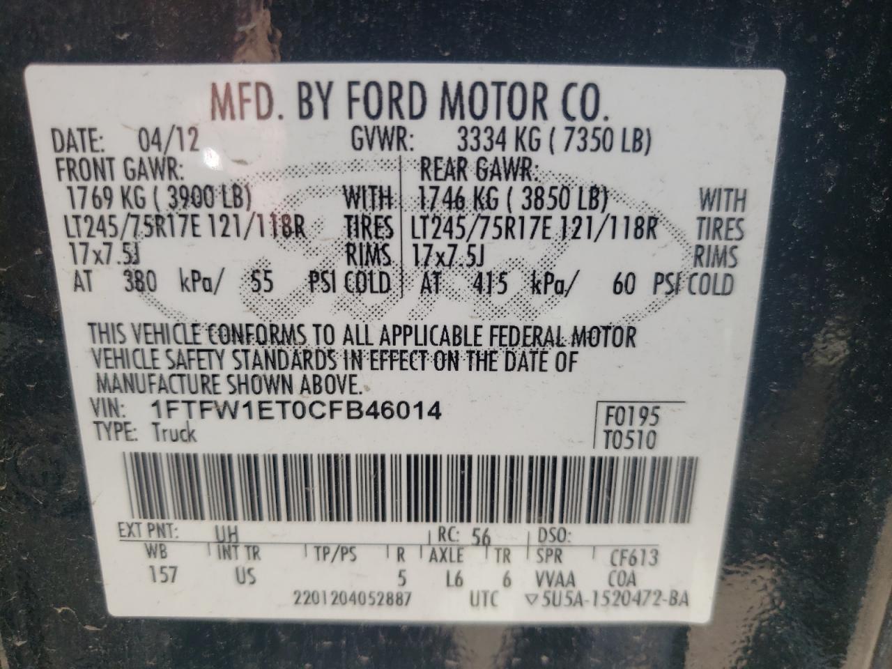 Photo 11 from auction – 2012 FORD F150 SUPER with VIN 1FTFW1ET0CFB46014