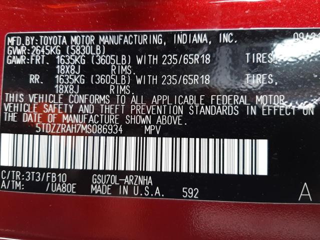 Photo 10 from auction – 2021 TOYOTA HIGHLANDER with VIN 5TDZZRAH7MS086934