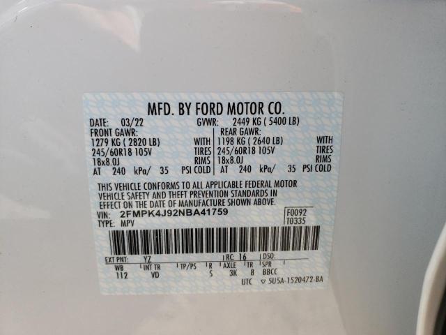 Photo 10 from auction – 2022 FORD EDGE SEL with VIN 2FMPK4J92NBA41759