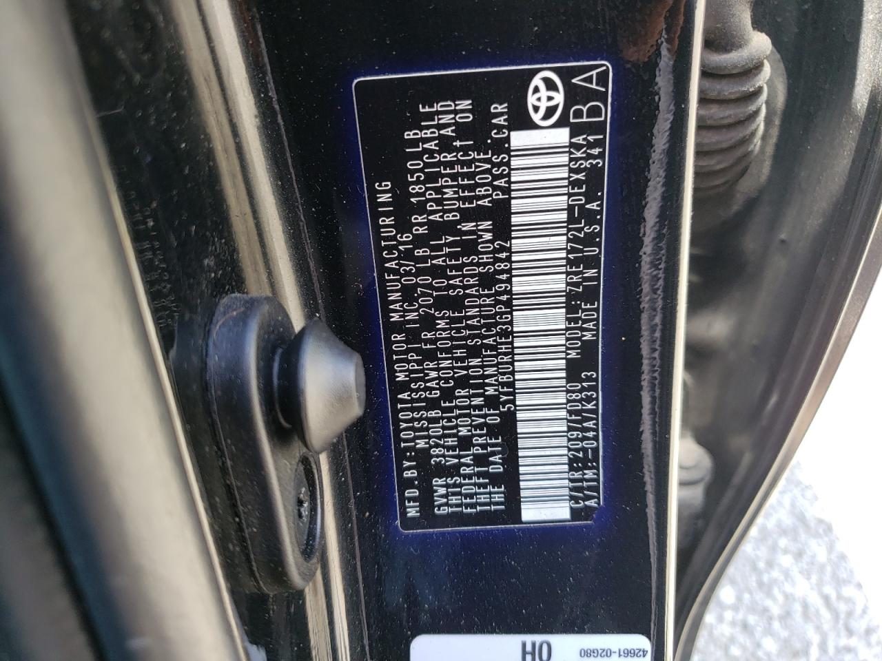 Photo 11 from auction – 2016 TOYOTA COROLLA L with VIN 5YFBURHE3GP494842