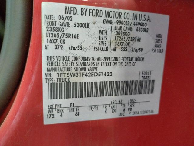 Photo 10 from auction – 2002 FORD F350 SRW S with VIN 1FTSW31F42ED51432