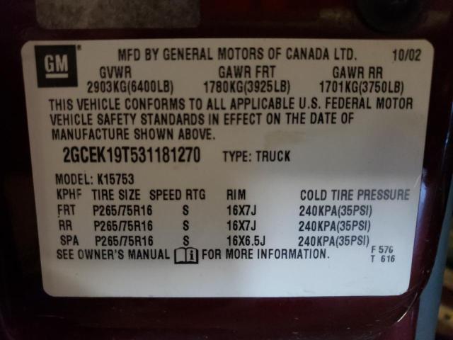 Photo 10 from auction – 2003 CHEVROLET SILVERADO with VIN 2GCEK19T531181270