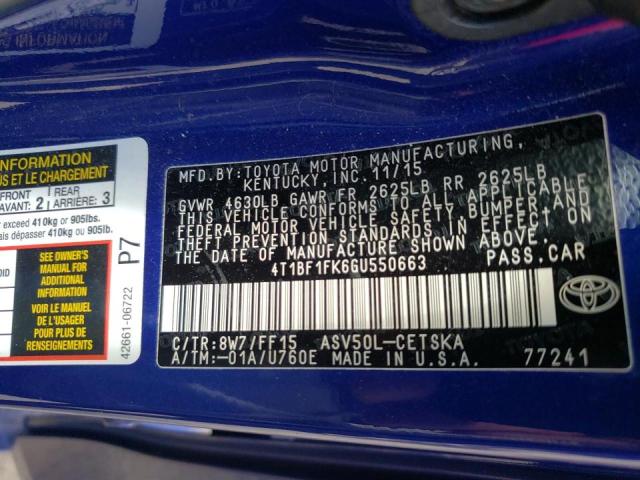 Photo 10 from auction – 2016 TOYOTA CAMRY LE with VIN 4T1BF1FK6GU550663