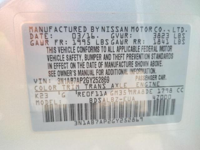 Photo 10 from auction – 2016 NISSAN SENTRA S with VIN 3N1AB7AP2GY252869