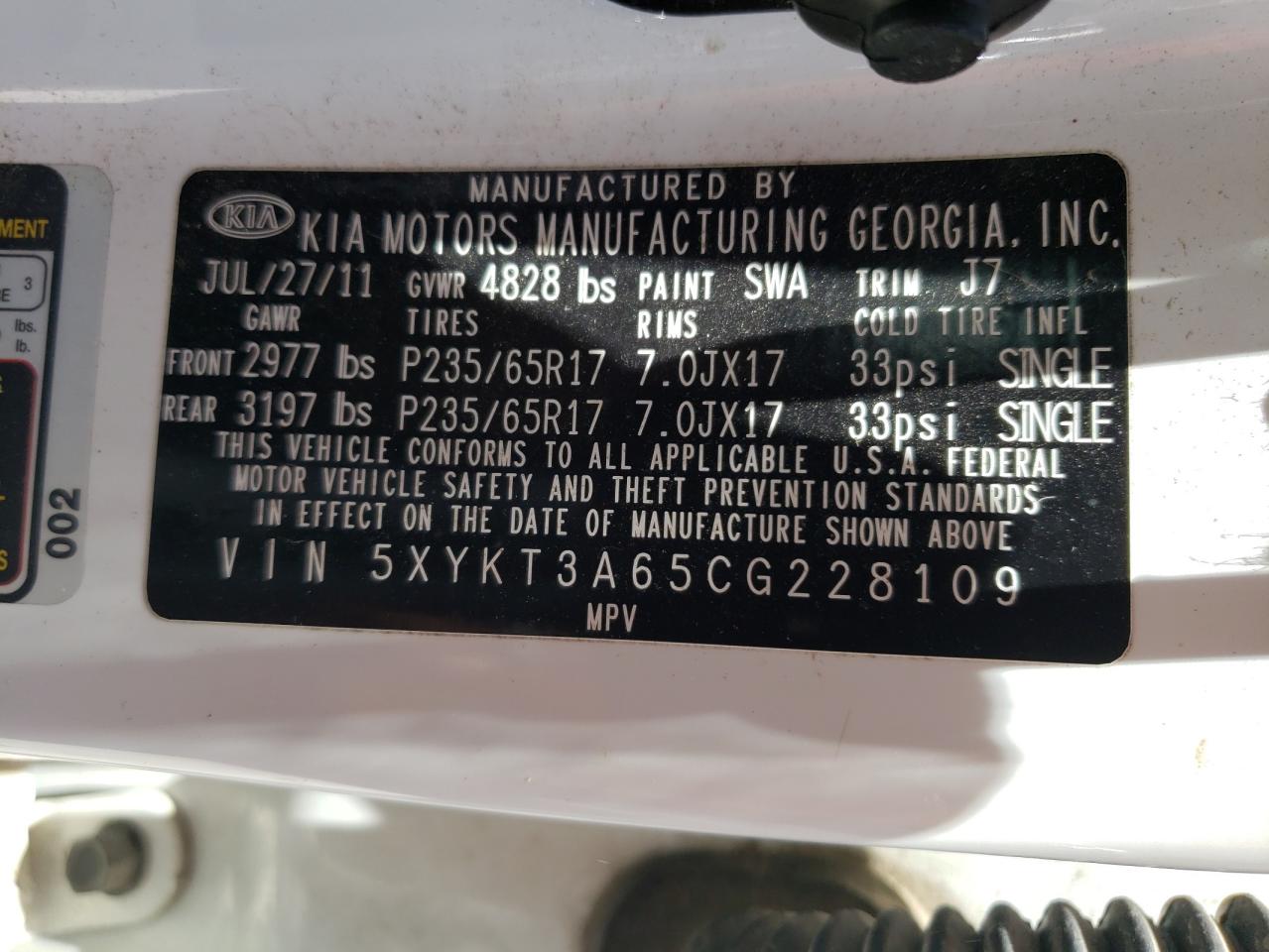 Photo 11 from auction – 2012 KIA SORENTO BA with VIN 5XYKT3A65CG228109