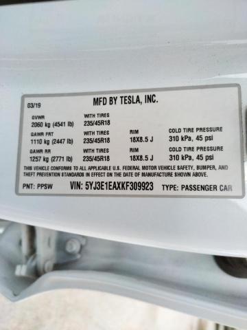Photo 10 from auction – 2019 TESLA MODEL 3 with VIN 5YJ3E1EAXKF309923