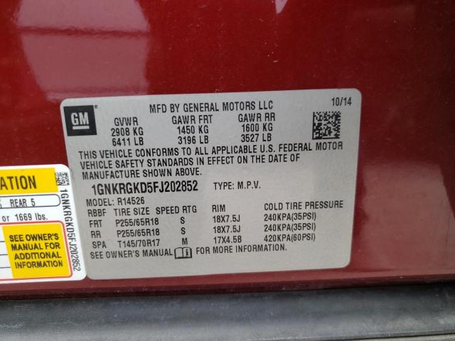 Photo 10 from auction – 2015 CHEVROLET TRAVERSE L with VIN 1GNKRGKD5FJ202852