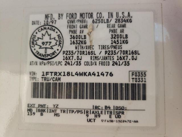 Photo 10 from auction – 1998 FORD F150 with VIN 1FTRX18L4WKA41476