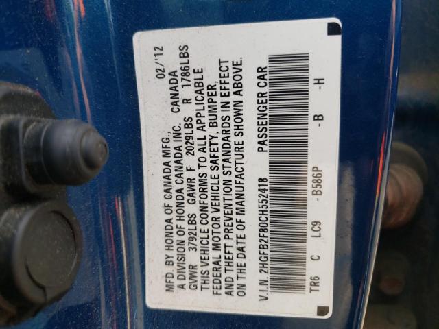 Foto 10 de la subasta – 2012 HONDA CIVIC EX con VIN 2HGFB2F80CH552418