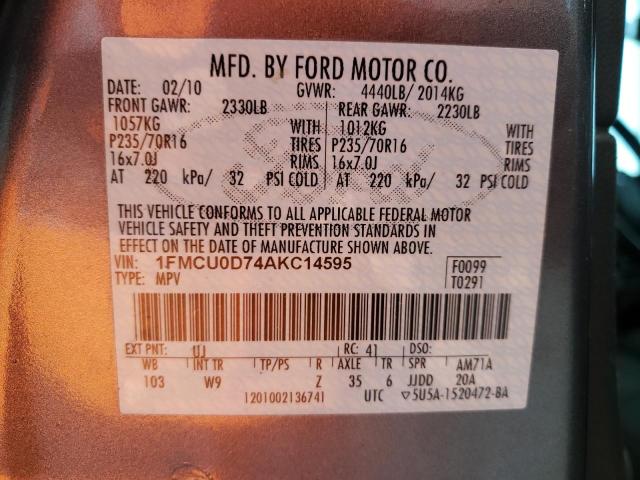 Photo 10 from auction – 2010 FORD ESCAPE XLT with VIN 1FMCU0D74AKC14595
