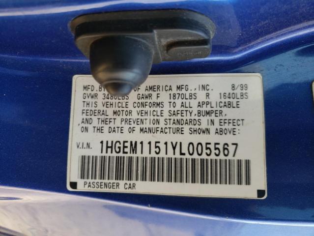 Photo 10 from auction – 2000 HONDA CIVIC SI with VIN 1HGEM1151YL005567
