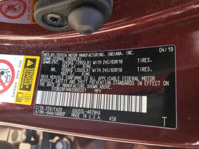 Photo 10 from auction – 2019 TOYOTA HIGHLANDER with VIN 5TDBZRFH4KS990201