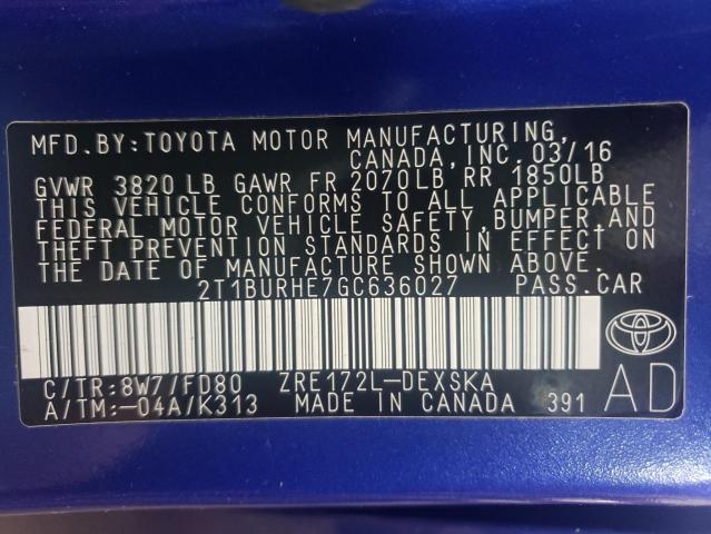 Photo 10 from auction – 2016 TOYOTA COROLLA L with VIN 2T1BURHE7GC636027