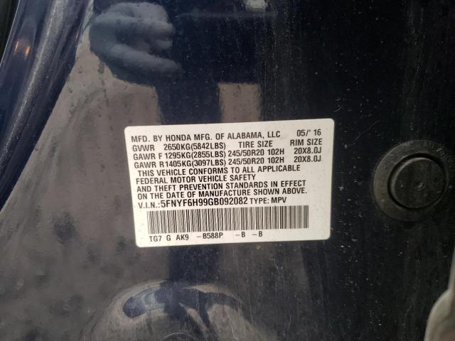 Photo 10 from auction – 2016 HONDA PILOT TOUR with VIN 5FNYF6H99GB092082