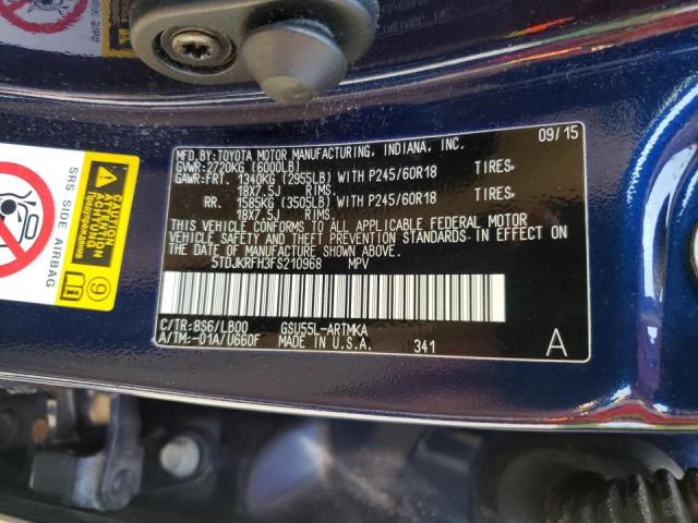 Photo 10 from auction – 2015 TOYOTA HIGHLANDER with VIN 5TDJKRFH3FS210968