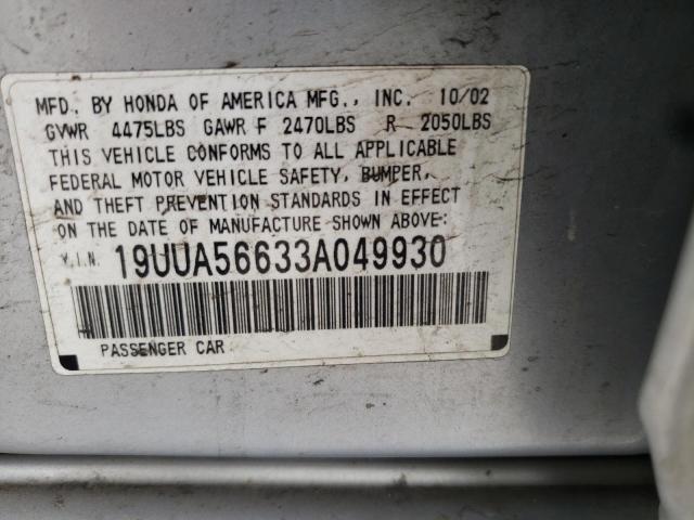 Photo 10 from auction – 2003 ACURA 3.2TL with VIN 19UUA56633A049930