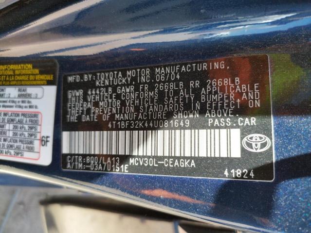 Photo 10 from auction – 2004 TOYOTA CAMRY LE with VIN 4T1BF32K44U081649