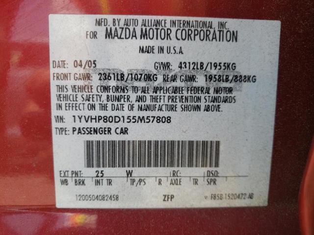Photo 10 from auction – 2005 MAZDA 6 S with VIN 1YVHP80D155M57808