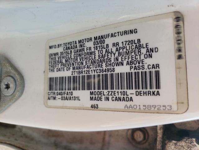 Photo 10 from auction – 2000 TOYOTA COROLLA VE with VIN 2T1BR12E1YC364958