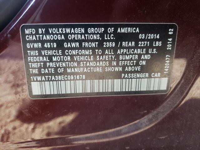 Photo 10 from auction – 2014 VOLKSWAGEN PASSAT S with VIN 1VWAT7A38EC091678