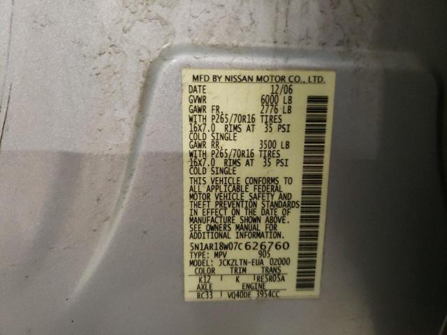 Photo 10 from auction – 2007 NISSAN PATHFINDER with VIN 5N1AR18W07C626760