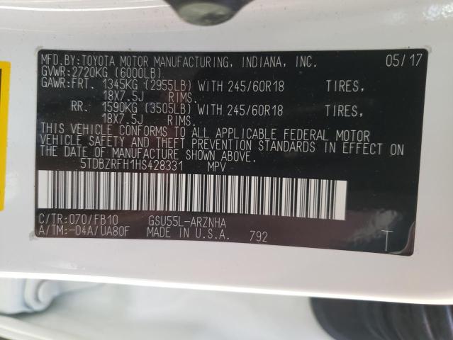 Photo 10 from auction – 2017 TOYOTA HIGHLANDER with VIN 5TDBZRFH1HS428331