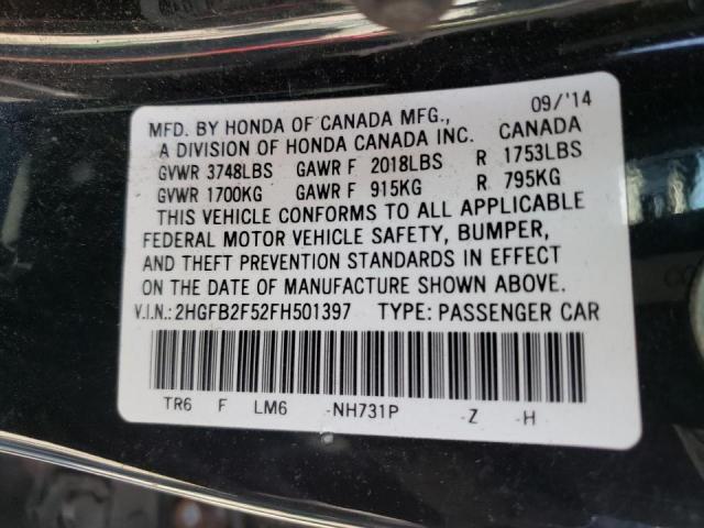 Photo 10 from auction – 2015 HONDA CIVIC LX with VIN 2HGFB2F52FH501397