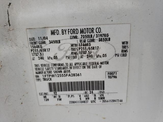 Photo 10 from auction – 2005 FORD F150 SUPER with VIN 1FTPW12555FA28361