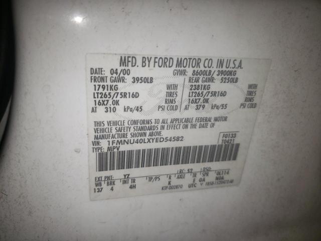 Photo 10 from auction – 2000 FORD EXCURSION with VIN 1FMNU40LXYED54582